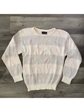 Tony Lambert Sweater Womens Medium Cream Peach Gray Knit Cotton USA Crewneck VTG